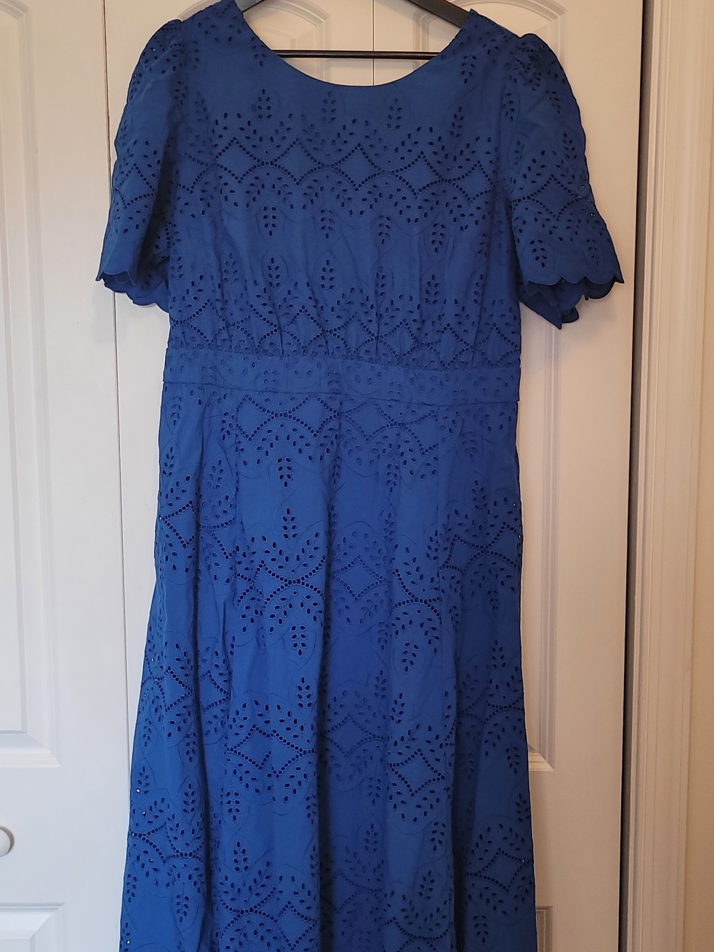 Sézane Bright Blue Eyelet Midi Dress with Scallop Sleeves